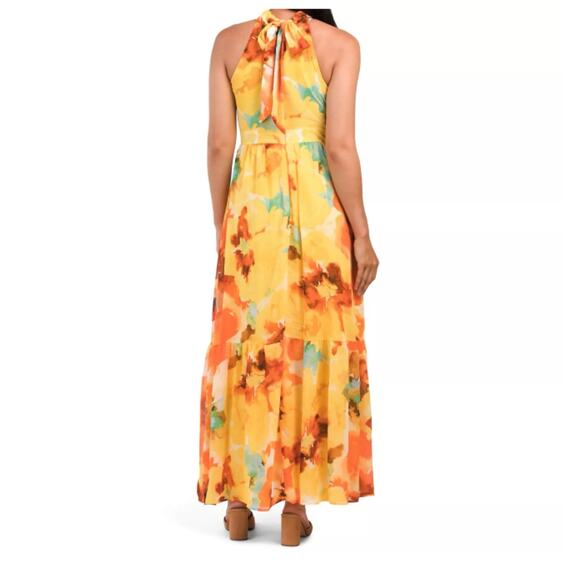 Tahari ASL Womens 10 Yellow Floral Chiffon Halter Neck Lined Tie-Back Maxi Dress - Picture 2 of 8